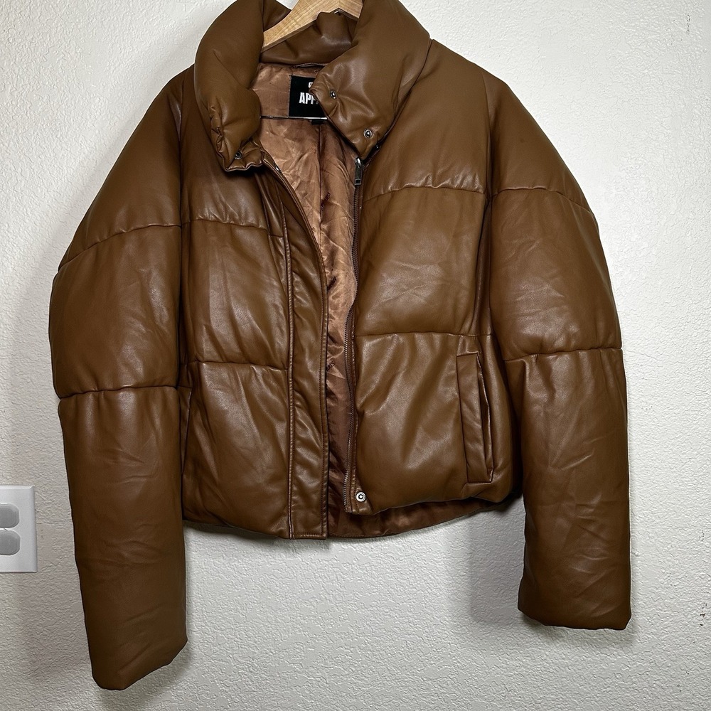 Apparis Womens Large Faux Leather Puffer Jacket Mock Neck Cropped Front Zip Fall - Picture 3 of 6